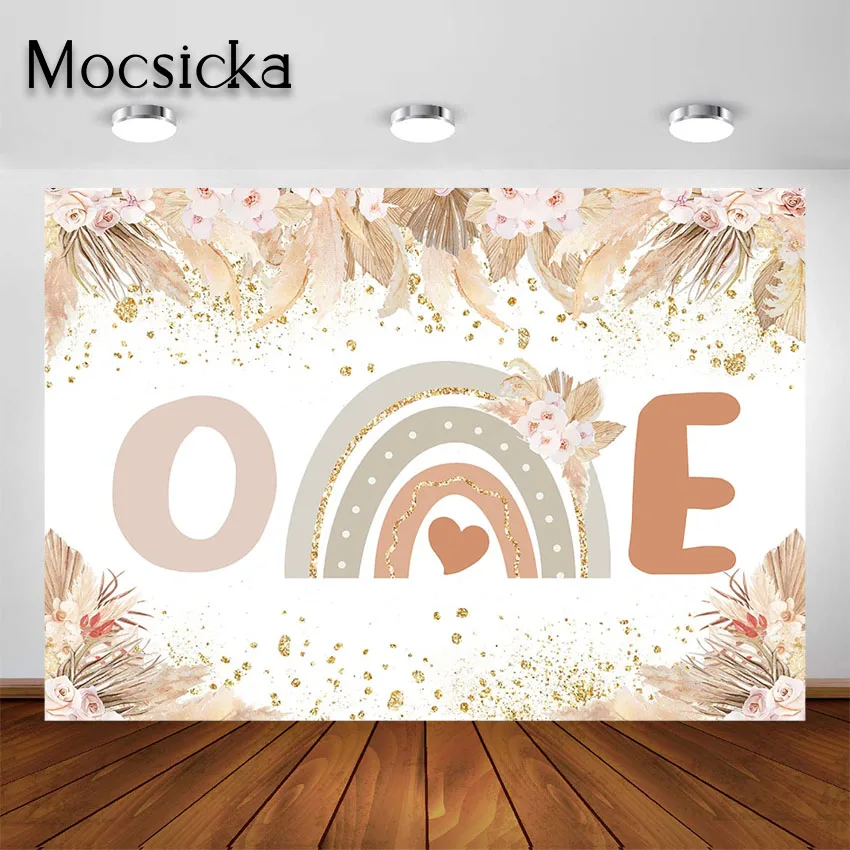 Mocsicka-Bohemian Rainbow Birthday Backdrop, Pampas Grass, 1st Birthday Party Decoration, Bolo Smash Background