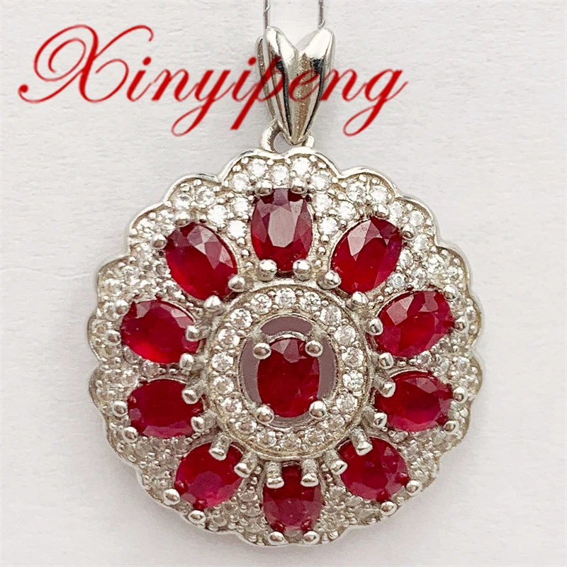 

Xin Yipeng Fine Jewelry Real S925 Sterling Silver Plated Gold Inlaid Natural Ruby Emerald Pendant Wedding Party Gift for Women