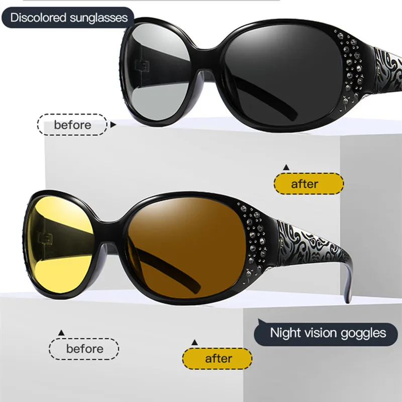 

New Retro Women Sunglasses Polarized Driving Photochromic Day Night Vision Goggle Glasses Women UV400 with Diamond Eyewear S8852