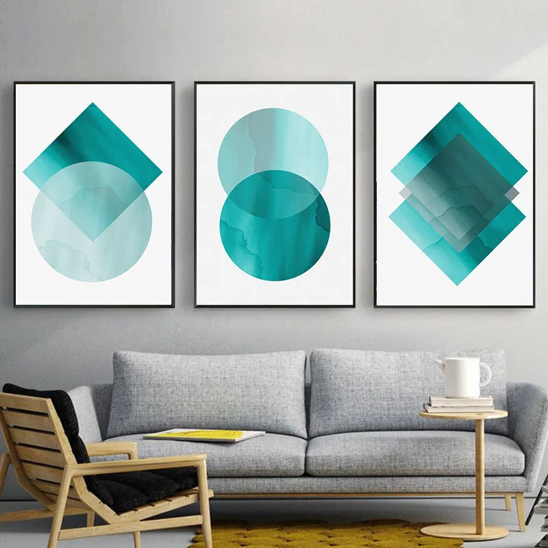 Skandynawski abstrakcyjny plakat geometryczny Aqua Teal Wall Art szare zielone płótno malarstwo obrazy na ścianę na wystrój salonu