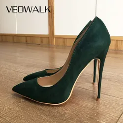 Veowalk Dark Green Flock Women Stilettos High Heels Elegant Ladies Ponited Toe Fashion Pumps Party Wedding Dress Shoes Customize