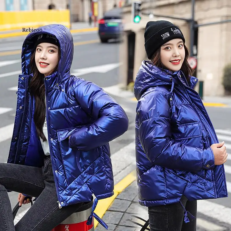 

Winter women short parkas jackets casual female thicken warm hooded jackets coat windprood shiny big pocket jackets