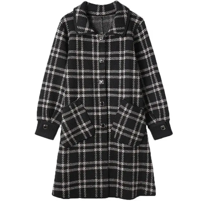 

New knitted Cashmere Plaid Woolen Coat Women Mid-Long Loose Square Collar Autumn Winter Hooded Outerwear Fashion Elegant Jacket