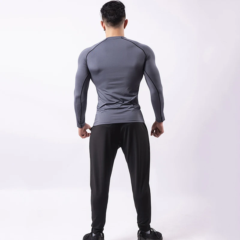 Custom LOGO Stretch Quick Dry Sports Suit Men Long Sleeve Shirts+Sweatpants 2 Pcs Running Set Gym Fitness Training Sportswear