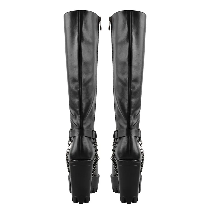 Onlymaker Women Black Matte Platform Front Lace-Up Side Zip Knee High Boots Lady Fashion Classic Big Size Winter Boots