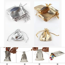 50pcs Foil Jewelry Packing Drawstring Gold Silver Color Bags Christmas Gifts Adjustable Wedding Party Candy Chocolate Pouches