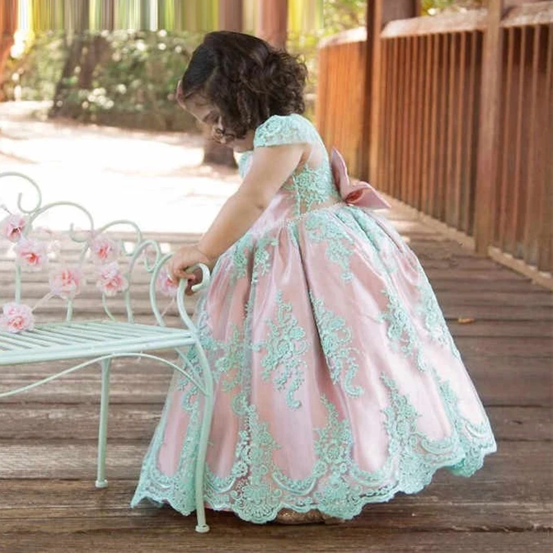 

Cute Baby Pink Satin Mint Appliques Princess Flower Girl Dresses Birthday Pageant Communion Robe De Demoiselle Wedding Guest