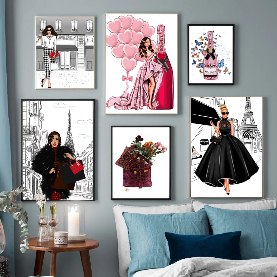 Home Decoration Nordic Painting Fashion Girl Bag Balloon Champagne Salon Canvas Hd Printed Poster Wall Art Picture Bedroom Frame