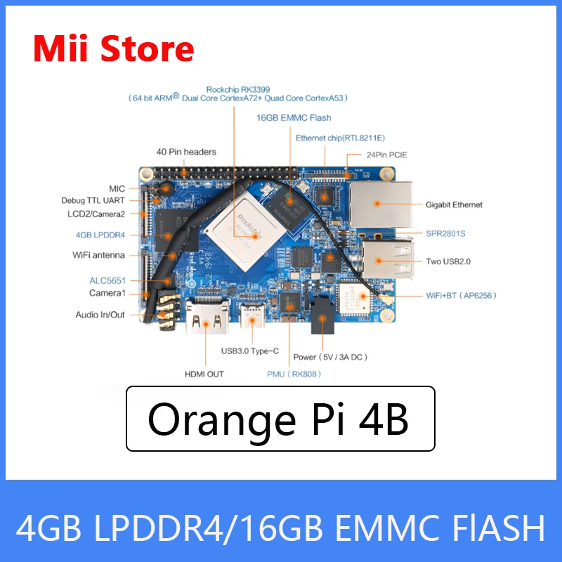 Orange Pi 4B Single Board Computer 6-Core ARM 64 Bit Motherboard Starter Built-in NPU Chip with Dual 4GB LPDDR4+16GB EMMC Flash