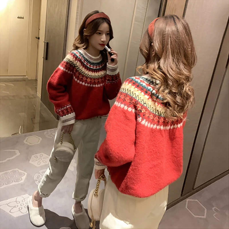 Autumn Winter Clothes Women Christmas Party Jacquard Knitted Sweaters Female Midi Casual Long Sleeve Loose Warm Pullover Tops