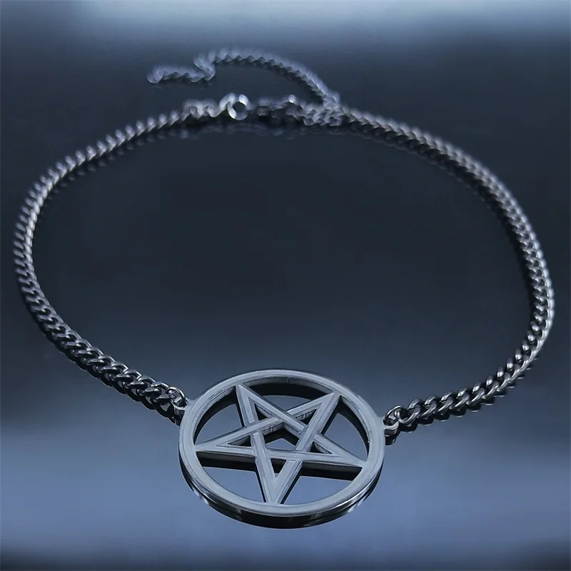Satan Inverted Pentagram Stainless Steel Choker Necklaces for Women Black Color Chain Necklaces Jewelry bijoux femme N541BKS03