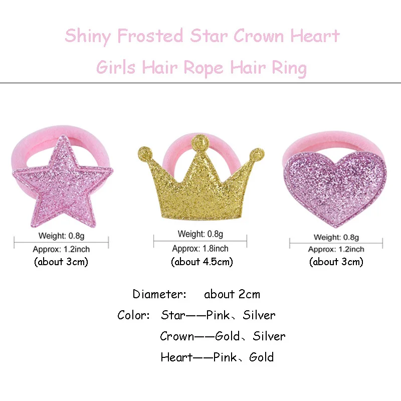 2pcs Cute Elastic Rubber Hair Band Girls Hair Rope Baby Shiny Frosted Ponytail Holder Crown Star Heart Headwear Hair Accessories