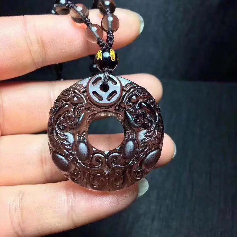 Natural Black Obsidian Hand Carved Chinese Pixiu Phoenix BaGua Lucky Amulet Peace Mascot Pendant Necklace For Women Men