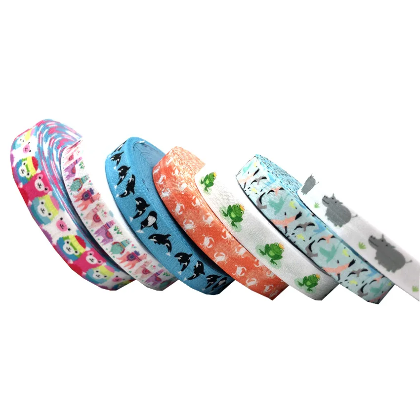 10Y 15mm Dolphin Llama Crab Print Fold Over Elastic Ribbon For Sewing Hair Tie Strap Backpack Decoration Accessories