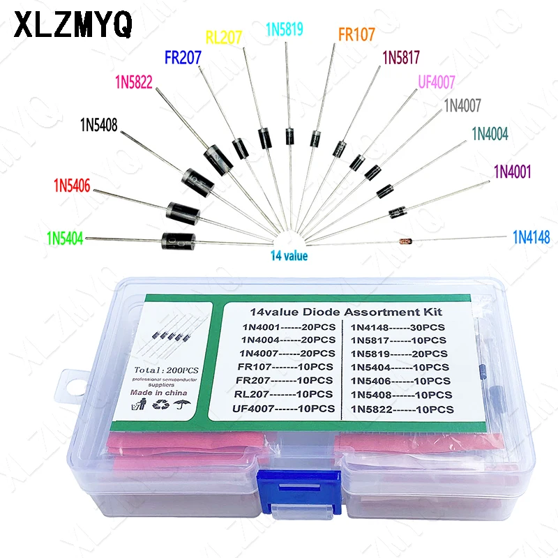 200pcs/Box Fast Switching Schottky Diode Assorted Kit 1N4001 1N4004 1N4007 1N5408 UF4007 FR207 1N5817 1N5819 1N5822 1N4148 RL207