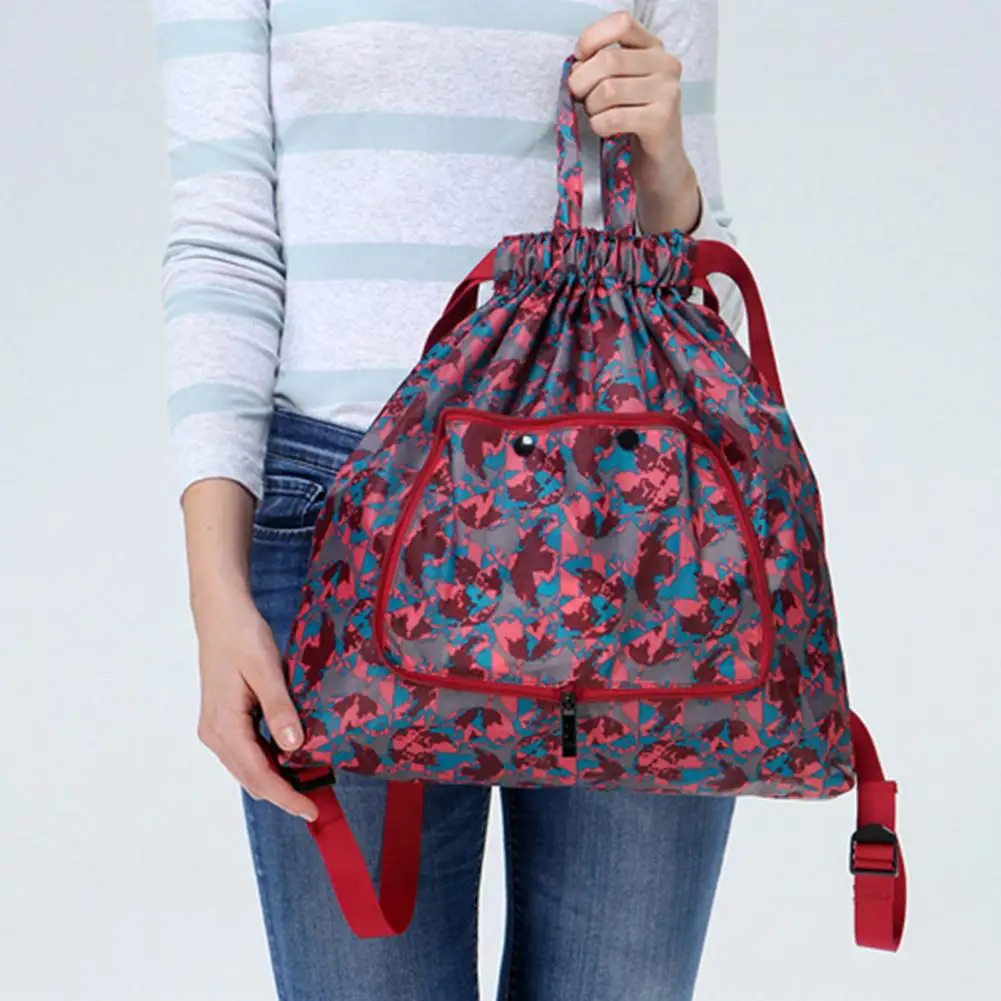 Foldable Flower Print Nylon Drawstring Waterproof Large Capacity Backpack Handbag for Shopping