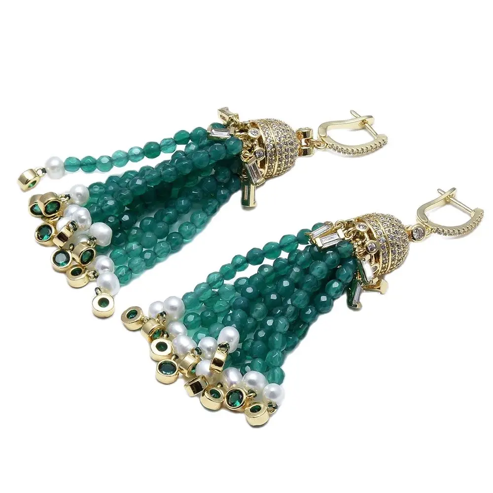 

G-G Natural Cultured White Pearl Green Agate Crystal CZ Gold Plated Hook Earrings CZ Fitting Handmade For Women