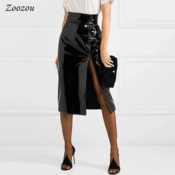 Sexy Black Split Slit Patent Leather Midi Skirt Women High Waist Knee Length PVC Skirt Elegant Office Lady's Latex Skirt Custom