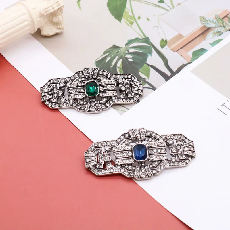 Geometry Brooches Retro Blue Green Rhinestone Accessories Elegant Pins