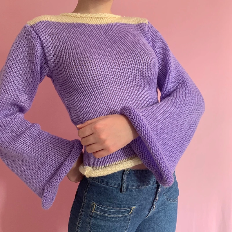 Autumn Winter 90s Vintage Knitted Sweaters Striped Crimping Cropped Pullovers Chic Women Kawaii Knitwear y2k Retro Streetwear