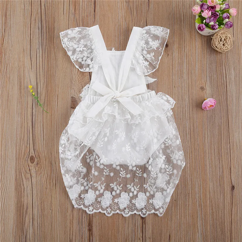 0-24M Newborn Infant Baby Girls Princess Rompers Ruffles Lace Short Sleeve Floral Print Backless Elegant Jumpsuits Dress Outfits