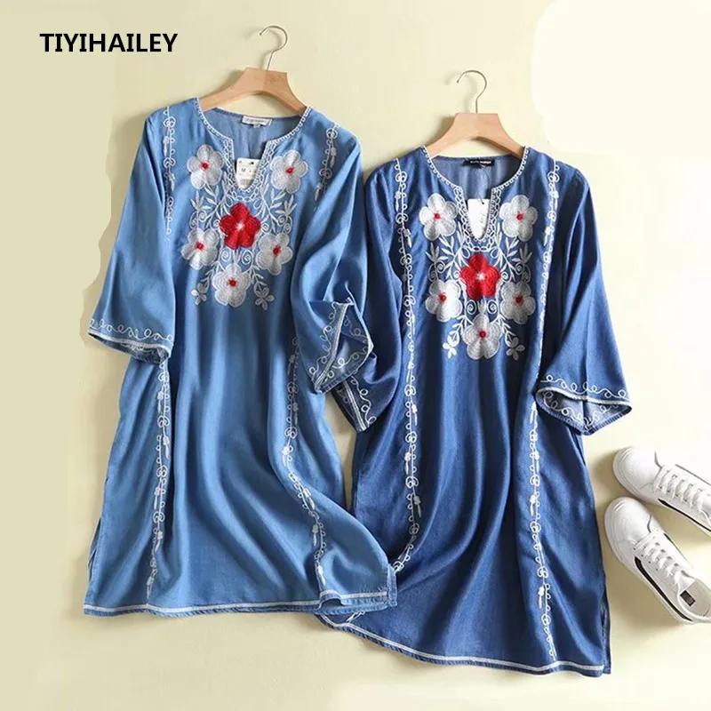 

Женское джинсовое платье с вышивкой TIYIHAILEY, длинное винтажное платье до колена с рукавом до локтя, лето 2020