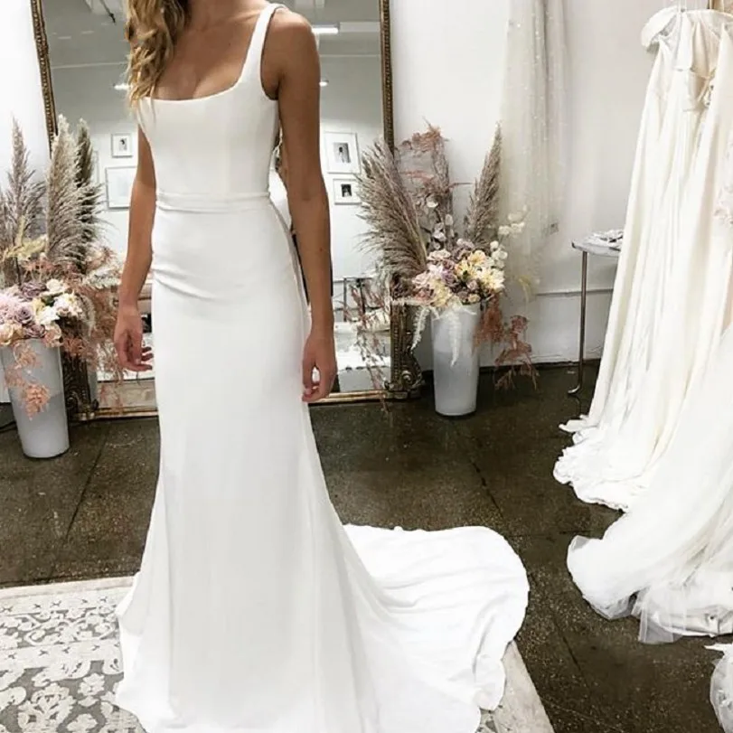 Vestido De Mariage 2021 eleganti abiti da sposa quadrati sirena abito da sposa con spalline lunghe in raso morbido Boho