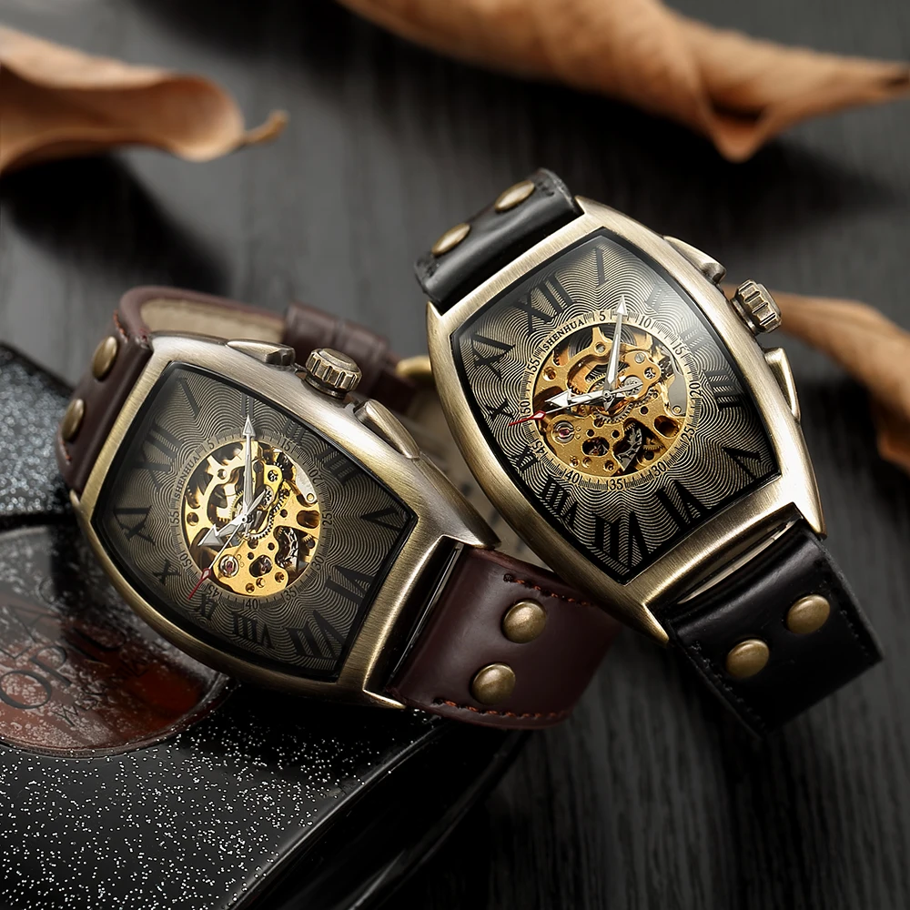 SHENHUA Men Automatic Mechanical Watch Transparent Skeleton Dial Watches Genuine Leather Band Self Winding Men Retro Watch Clock