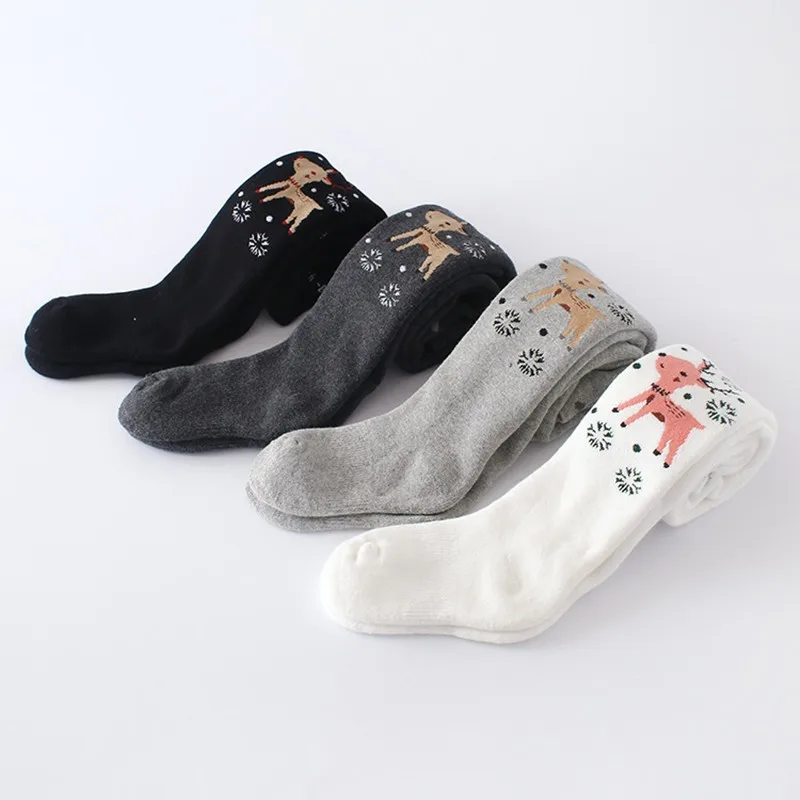 2pcs 2021 Children Winter New Thickened Terry Pantyhose Baby Warm Leggings Cartoon Deer Tights Suitable For 1-6Years Gray Black