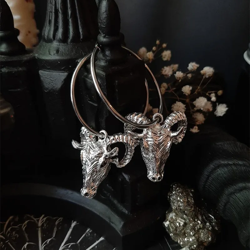 Baphomet-Boucles d\'oreilles créoles de chèvre pour femme, sorcière gothique, satan occulte, bijoux dermatologiques, crâne de bélier satanique,