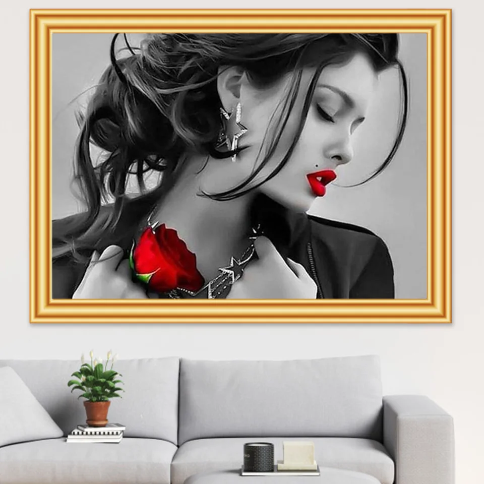 Full Square Diamond Embroidery Portrait Pretty Woman Red Hat &Red Lips 5D Diamond Painting  Mosaic Picture of Rhinestones Decor