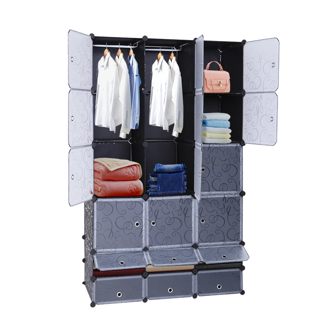 18-Cube DIY Modular Cubby Shelving Storage Organizer Extra Large Wardrobe with Clothes Rod Bedroom Furniture Wardrobe