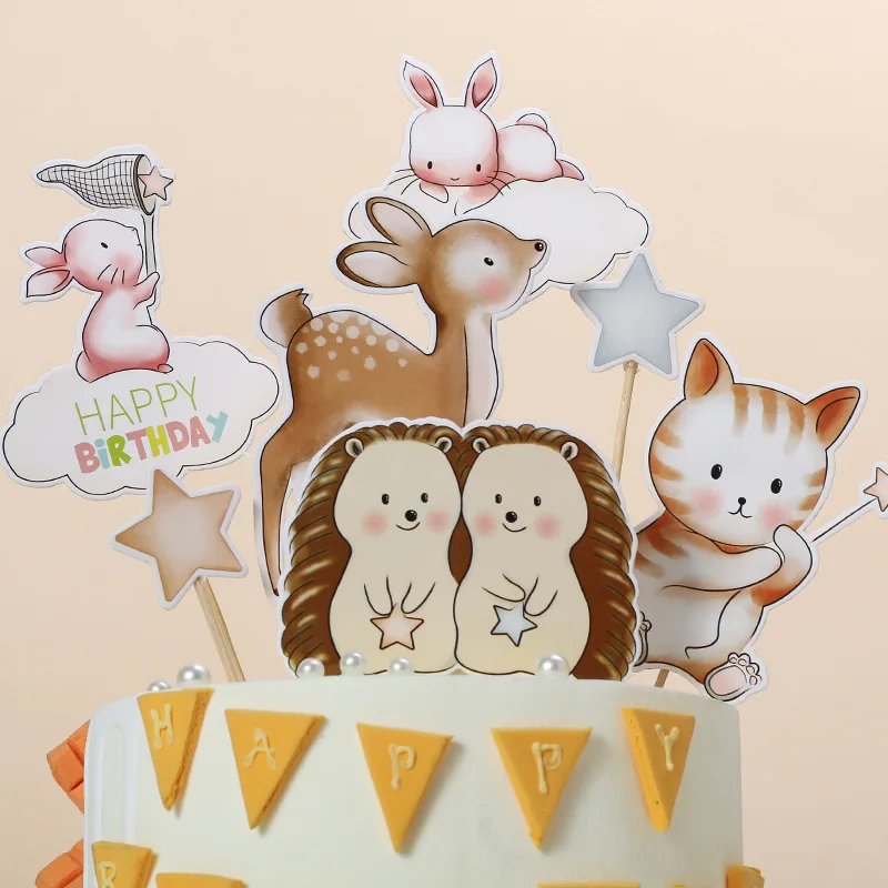 Cake Topper Hedgehog Rabbit Deer Cat Star Happy Birthday Decoration Flag Anniversaire Party DIY Baking Supplies Cupcake Toppers