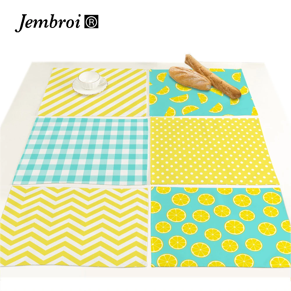 Fruit Geometry Printed Placemat Faux Linen Print Coffee Table Decor Pink Yellow Blue Check Cloth Tableware Mat Candle Coaster