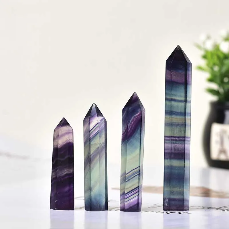 100% Natural Colored Fluorite Hexagonal Column Crystal Point Healing Wand Mineral Crystal Home Decor And Study Room Decor Gifts
