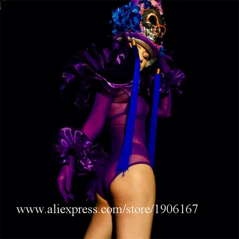 Party ballroom dance stage costumes dj singer perform dress skull headwear disco wears bodysuit outfits ds  dancer clothes