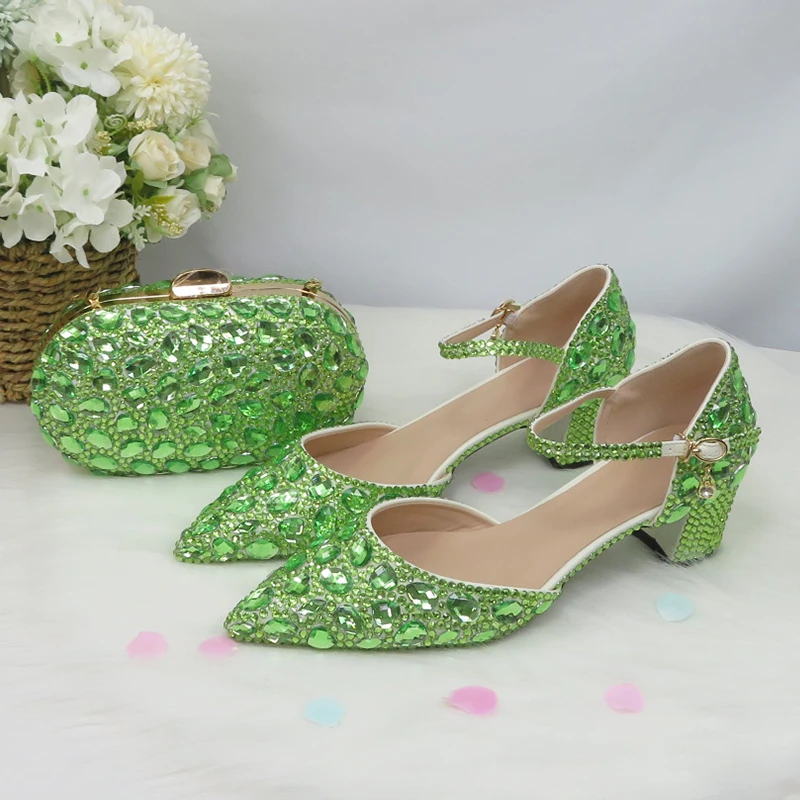 

BaoYaFang Light Green Crystal Sandals Women's wedding shoes with matching bag Bride Pointed toe Thick Heel Buckle Sandals woman