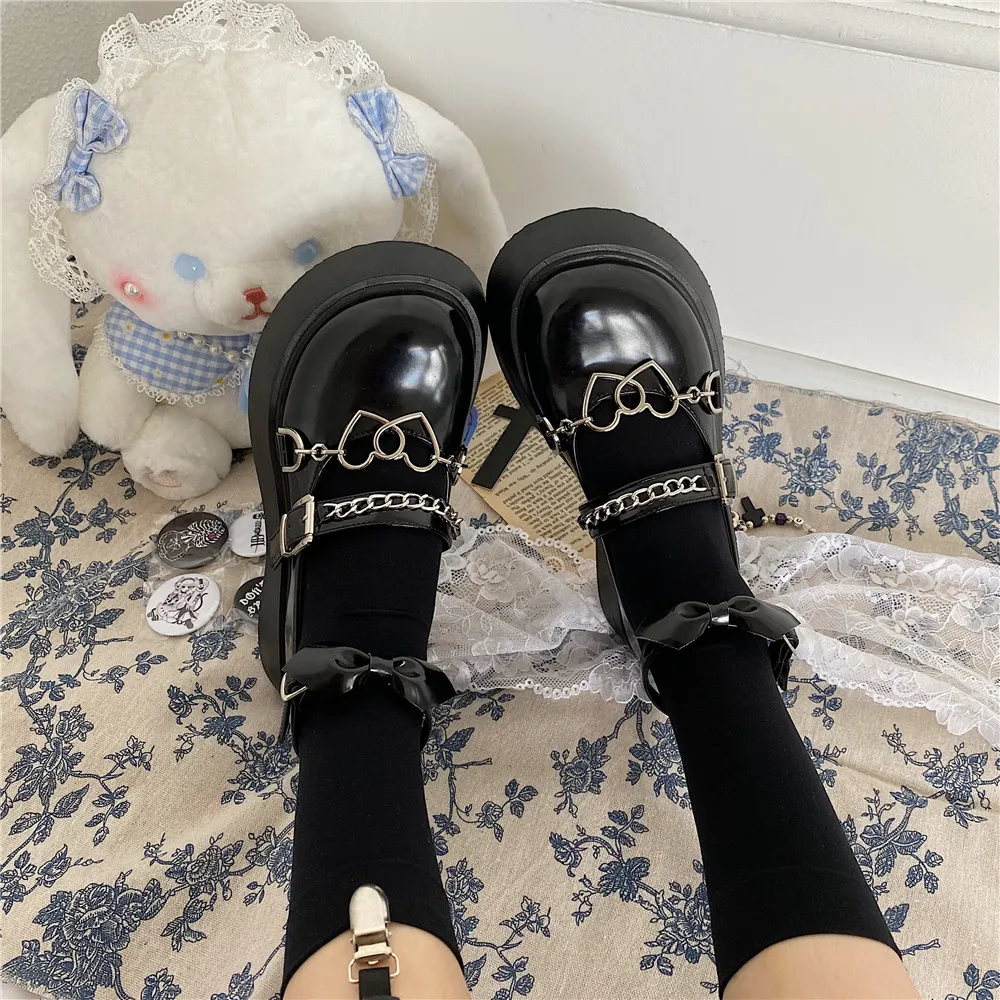 Japanese Mary Jane Summer Lolita Shoes Love Chain Punk Gothic Black College School Girls Cosplay Anime Round Toe Platform Female