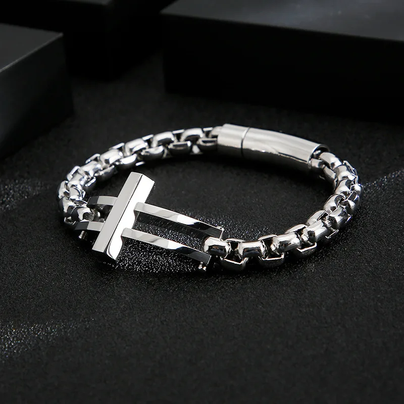 

European and American personality titanium steel bracelet stainless steel men's cross square pearl chain trendy men's accessorie