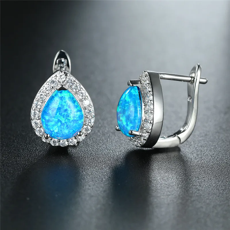 الفاخرة الإناث الأبيض الأزرق حلقان مصنعة من حجر الأوبال ارتفع الذهب الفضة اللون أقراط مشبكية الهندسة كريستال خمر أقراط الزفاف للنساء #5