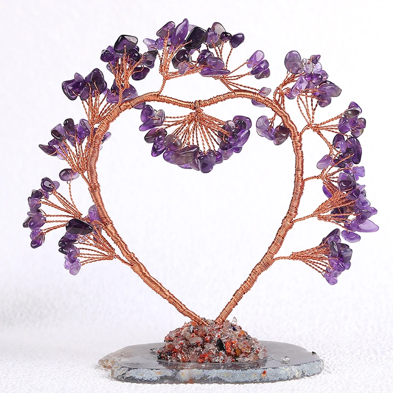 1PC Natural Amethyst Tree Of Life Heart-shaped Quartz Agate Slices Specimen Lucky Tree Healing Christmas Decor Collect DIY Gifts