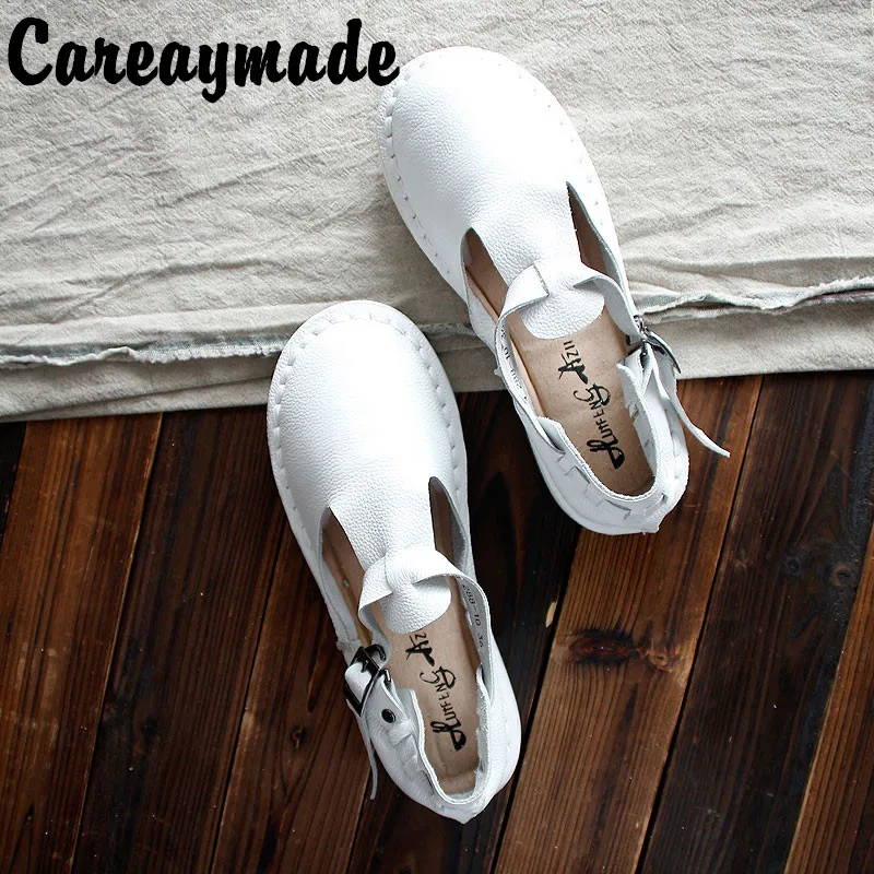 Careaymade-sandały z prawdziwej skóry, czyste ręcznie robione białe buty, w sztuka retro styl mori girl mieszkania buty, japońsk