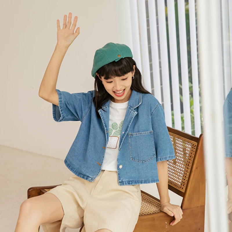 Jackets Vintage Women Denim Summer Crop Fashion Hong Kong Style Casual Tops Short Sleeve Turn-down Collar Party Harajuku Girls