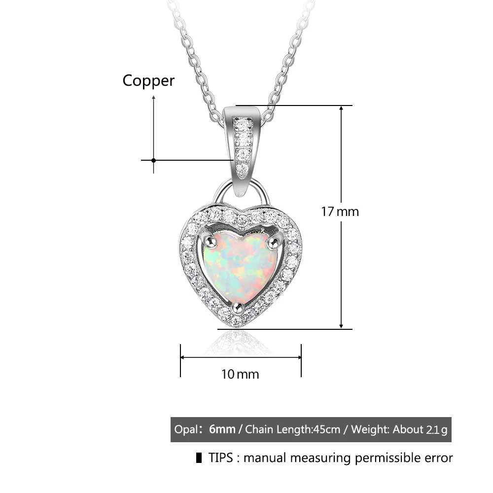 Silver Color Necklaces Heart Shape White Pink Blue Opal Necklaces & Pendants with Cubic Zirconia Fashion Jewelry Gift for Women