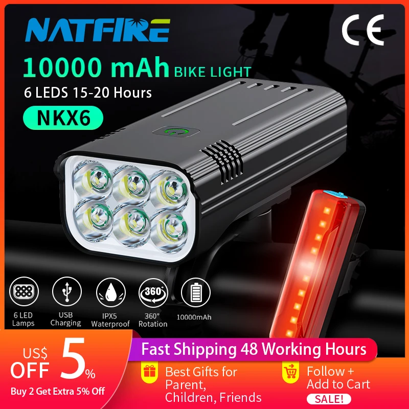 NATFIRE 10000 mAh Lampka rowerowa Przeciwdeszczowa ładowalna lampka rowerowa LED USB Super jasna latarka do jazdy na rowerze Światło przednie / tylne