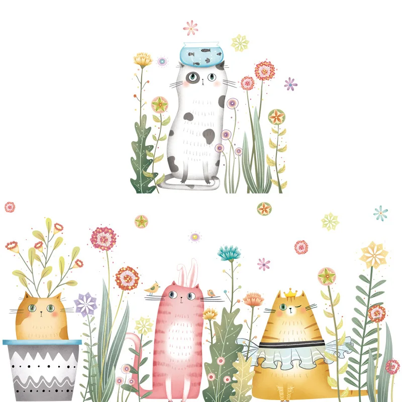 Cartoon cat self adhesive sticker Kindergarten children\'s room stickers Simple skirting line decoration lovely Wall Sticker