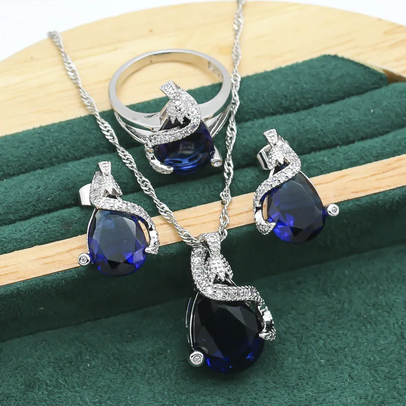 Personalized 925 Silver Jewelry Sets For Women Royal Blue Crystal Bracelet Earrings Necklace Pendant Ring Wedding Jewelry Gift