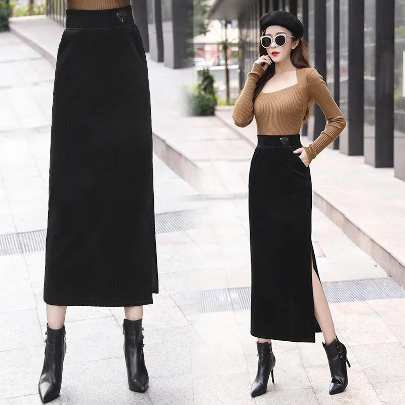 Size Large Womens New Straight Skirt Plus Fleece Pockets Elastic Waist High Quality Korean Style Fashion Split Mid-Calf Skirt