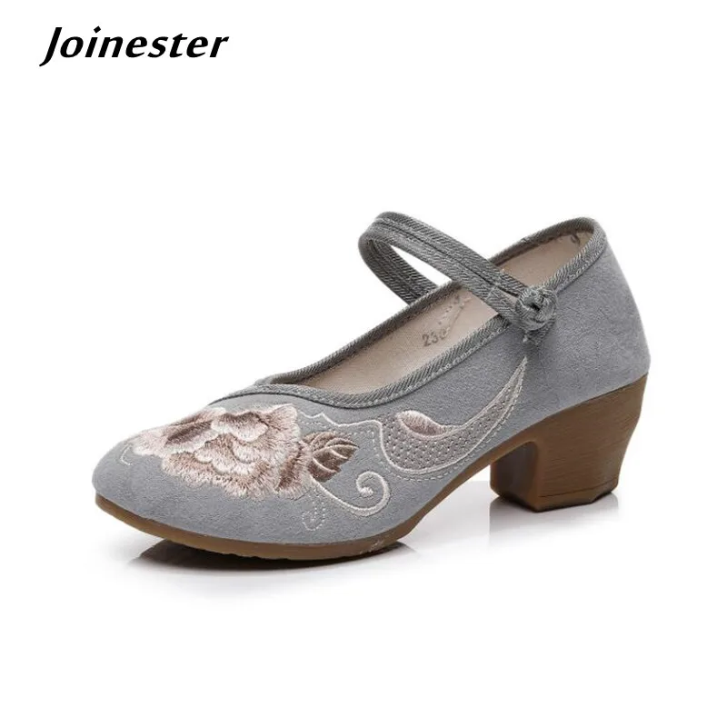 

Women Embroider Mary Jane Pumps Ladies Chunky Mid Heel Vintage Dress Shoes Cotton Fabric Autumn Loafers for Female High Heels