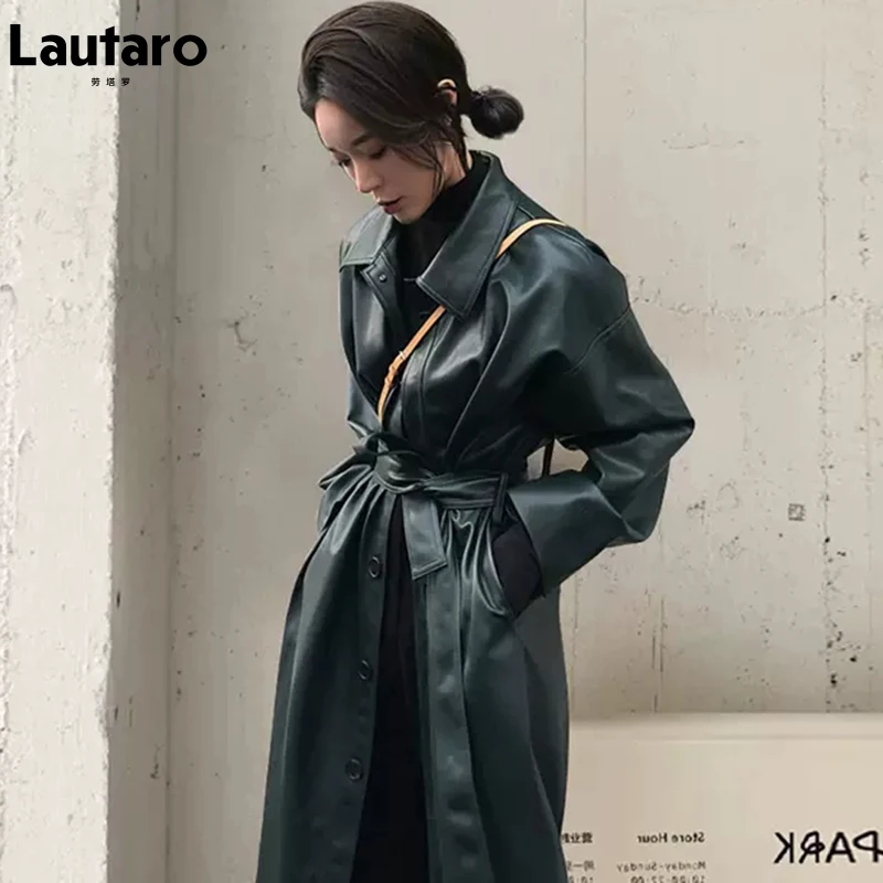 Lautaro-Manteau long en cuir PU avec ceinture pour femme, noir, cool, simple boutonnage, mode coréenne, vente en gros, vêtements d\'automne, 2022